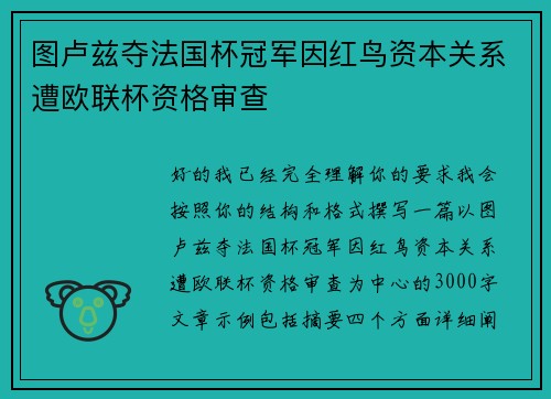 图卢兹夺法国杯冠军因红鸟资本关系遭欧联杯资格审查 图卢兹夺法国杯冠军因红鸟资本关系遭欧联杯资格审查