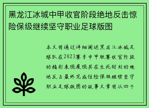黑龙江冰城中甲收官阶段绝地反击惊险保级继续坚守职业足球版图 黑龙江冰城中甲收官阶段绝地反击惊险保级继续坚守职业足球版图