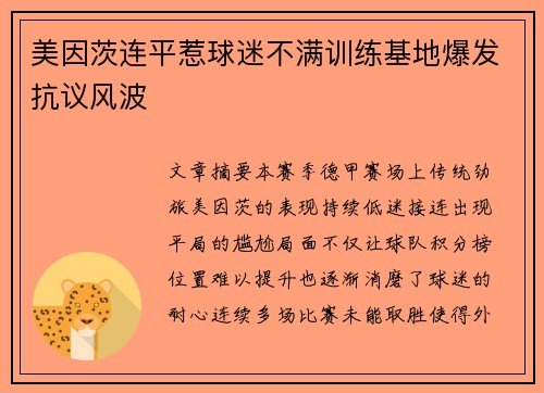 美因茨连平惹球迷不满训练基地爆发抗议风波 美因茨连平惹球迷不满训练基地爆发抗议风波