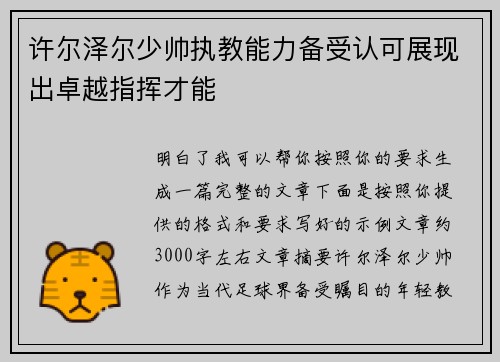 许尔泽尔少帅执教能力备受认可展现出卓越指挥才能 许尔泽尔少帅执教能力备受认可展现出卓越指挥才能